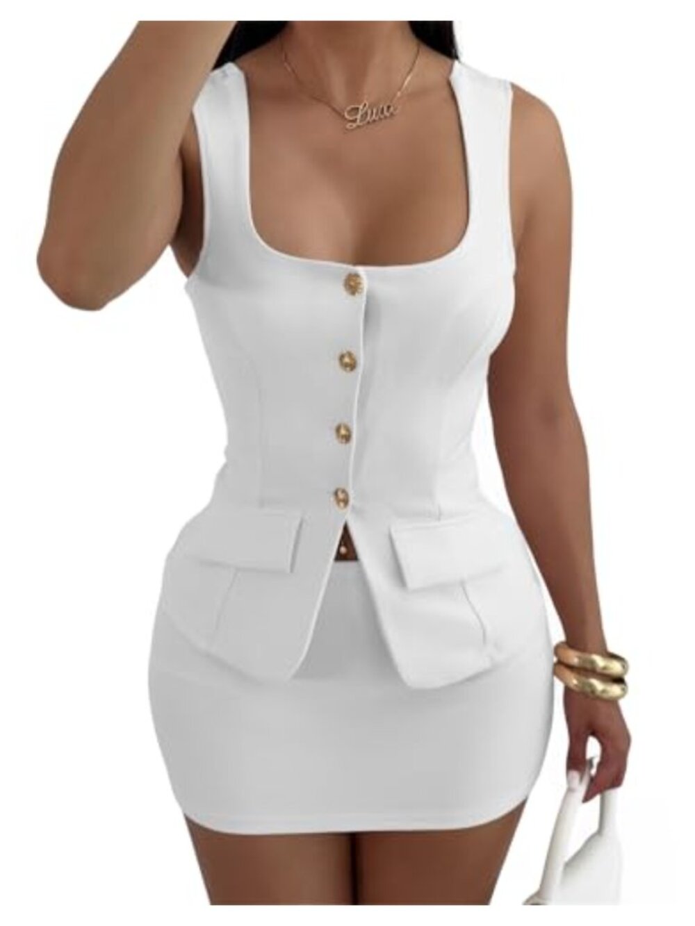 Sleeveless Blazer Vest and Mini Skirt Set Button-Up Workwear Suit
